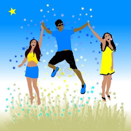 Illustration for Boy and girls dance on a meadow - Royalty Free Image