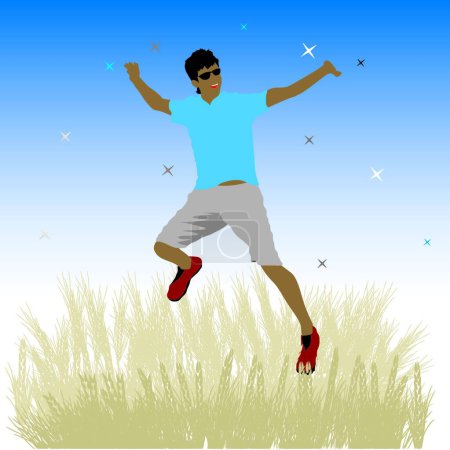 Téléchargez les illustrations : Danse de garçon sur prairie, ciel nocturne - en licence libre de droit