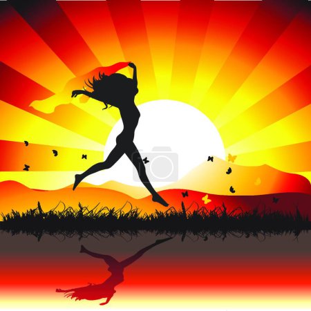 Illustration for Girl runs on meadow with butterflies, sunset - Royalty Free Image
