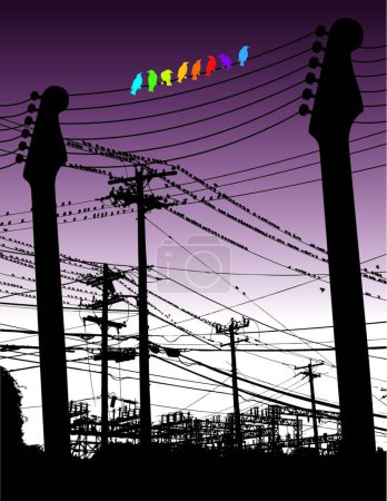Ilustración de Una guitarra eléctrica entre pájaros y postes telefónicos - Imagen libre de derechos