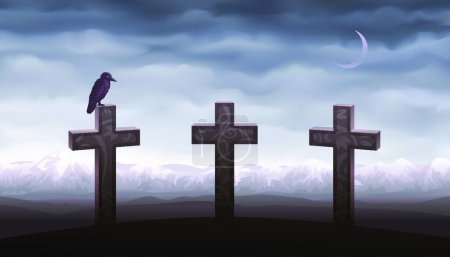 Illustration for Three graves and a raven - Royalty Free Image