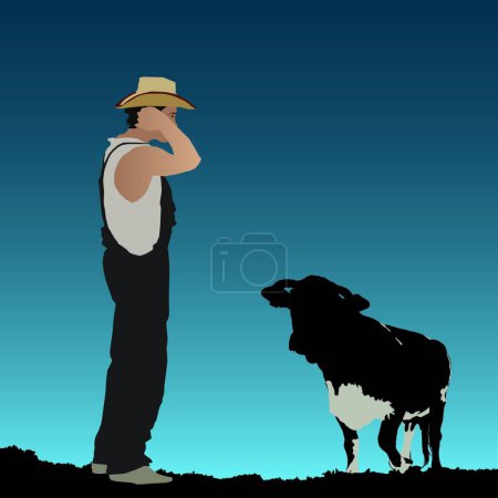 Téléchargez les illustrations : Agriculteur avec vache sur prairie, design vectoriel simple - en licence libre de droit