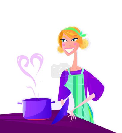 Téléchargez les illustrations : Femme cuisine avec amour, vecteur design simple - en licence libre de droit