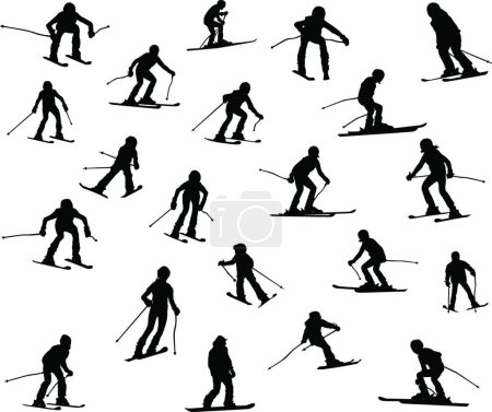 Téléchargez les illustrations : Ensemble de 21 skieurs, design vectoriel simple - en licence libre de droit