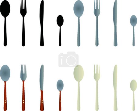 Ilustración de Juego de tenedores, cuchillos y cucharas sobre fondo blanco - Imagen libre de derechos