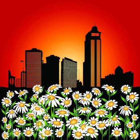 Téléchargez les illustrations : Ville urbaine et fleurs illustration vectorielle - en licence libre de droit