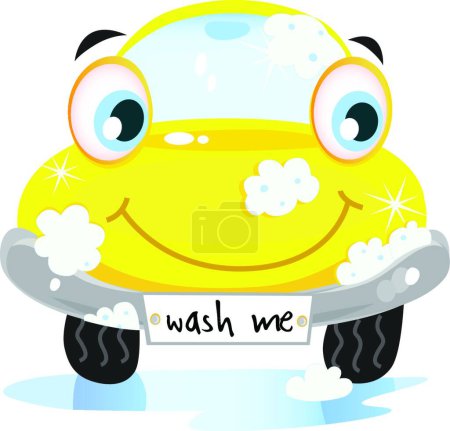 Téléchargez les illustrations : Service de lavage de voiture - heureuse voiture jaune avec bulles de savon - en licence libre de droit