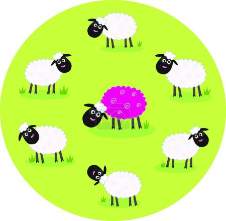 Téléchargez les illustrations : Un mouton rose se sent seul au milieu de la famille des moutons blancs, fond vectoriel graphique - en licence libre de droit
