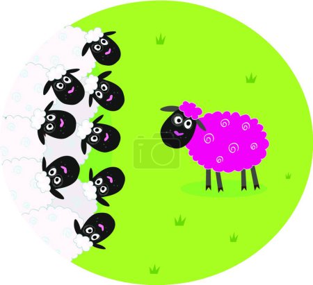 Illustration for One pink sheep is lonely in the middle of white sheep family, graphic vector background - Royalty Free Image