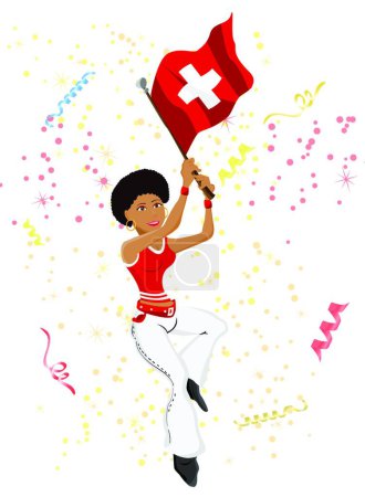 Téléchargez les illustrations : Eventail Fille Noire Suisse Soccer avec drapeau, fond vectoriel graphique - en licence libre de droit