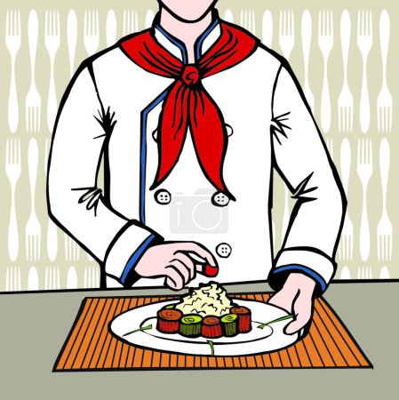 Téléchargez les illustrations : Chef préparant des sushis, fond vectoriel graphique - en licence libre de droit