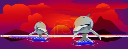 Téléchargez les illustrations : Dauphins sautant au coucher du soleil, illustration vectorielle graphique - en licence libre de droit