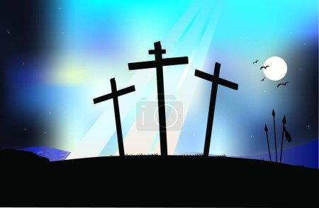 Téléchargez les illustrations : Crucifixion Scène nocturne, illustration vectorielle graphique - en licence libre de droit
