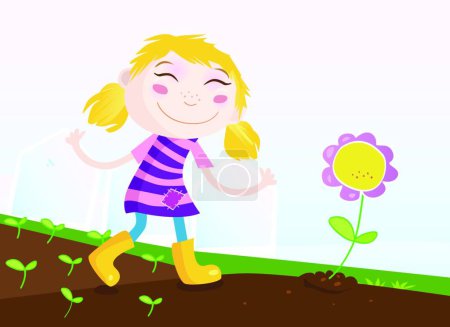 Téléchargez les illustrations : Fille dans le jardin illustration vectorielle - en licence libre de droit