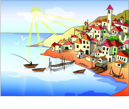 Illustration for Houses on the island, graphic vector illustration - Royalty Free Image