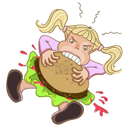 Téléchargez les illustrations : Fille manger hamburger, illustration vectorielle graphique - en licence libre de droit