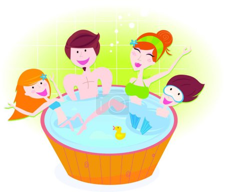 Ilustración de Familia feliz con dos niños en bañera de hidromasaje, ilustración vectorial gráfica - Imagen libre de derechos