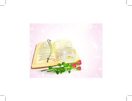 Téléchargez les illustrations : Thème de mariage avec Bible et roses, vecteur design simple - en licence libre de droit