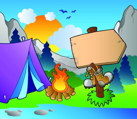 Téléchargez les illustrations : Panneau de camping en bois sur la rive du lac - en licence libre de droit