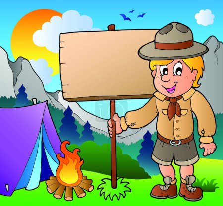 Téléchargez les illustrations : Scout boy holding board extérieur, illustration vectorielle graphique - en licence libre de droit