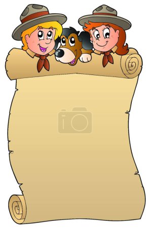Illustration for Scroll with two scouts and dog - Royalty Free Image