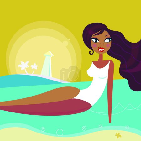 Téléchargez les illustrations : Coucher de soleil, mer et été bronzage femme sur la plage - Rétro - en licence libre de droit