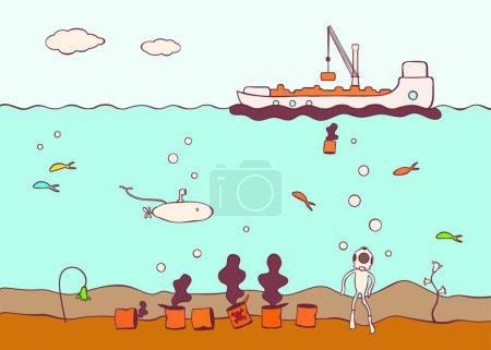 Téléchargez les illustrations : Bateau polluant la mer avec des déchets toxiques - en licence libre de droit