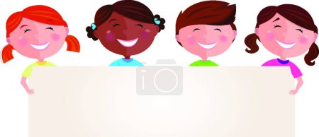 Téléchargez les illustrations : "Enfants multiculturels mignons tenant une bannière vierge pour votre message
" - en licence libre de droit