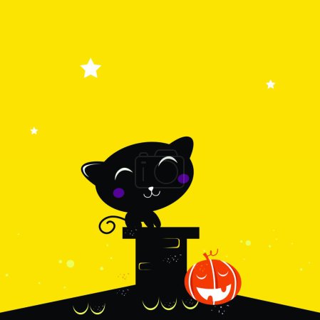Ilustración de "Silueta de gato de Halloween negro en el techo durante la noche oscura" - Imagen libre de derechos