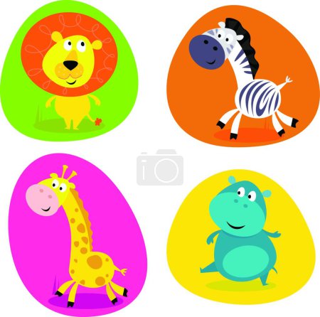 Téléchargez les illustrations : Ensemble d'animaux safari mignon - lion, zèbre, girafe et hippopotame - en licence libre de droit
