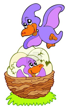 Téléchargez les illustrations : "Dessin animé ptérodactyle maman et bébé "illustration vectorielle colorée - en licence libre de droit