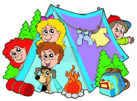 Téléchargez les illustrations : "Illustration vectorielle colorée du groupe de campeurs enfants - en licence libre de droit