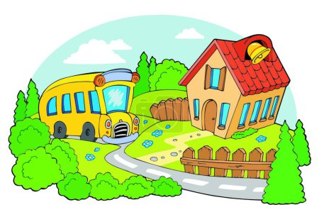 Téléchargez les illustrations : "Paysage avec école "illustration vectorielle colorée - en licence libre de droit