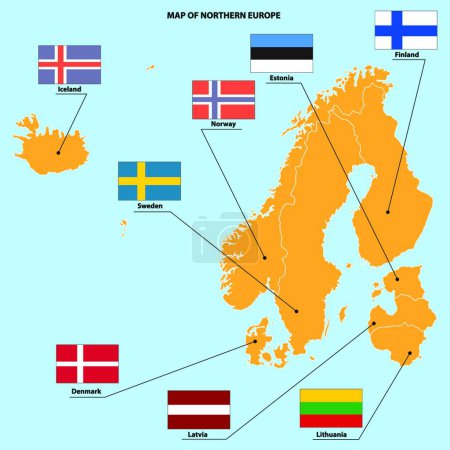 Téléchargez les illustrations : "Carte et drapeaux de l'Europe du Nord "illustration vectorielle - en licence libre de droit