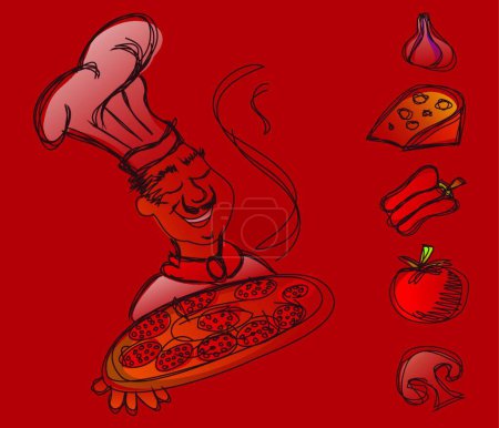 Téléchargez les illustrations : Chef avec pizza, illustration vectorielle graphique - en licence libre de droit