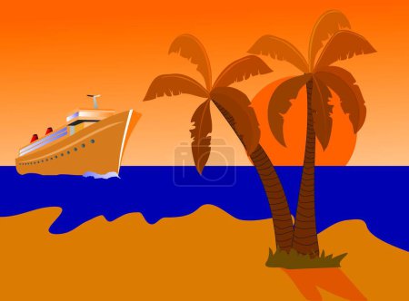 Téléchargez les illustrations : Bateau de croisière et île du désert, illustration vectorielle graphique - en licence libre de droit