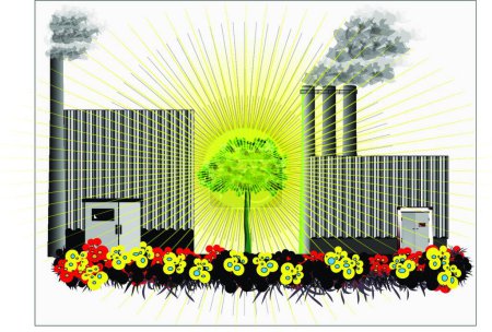 Illustration for Tree between factories, graphic vector illustration - Royalty Free Image