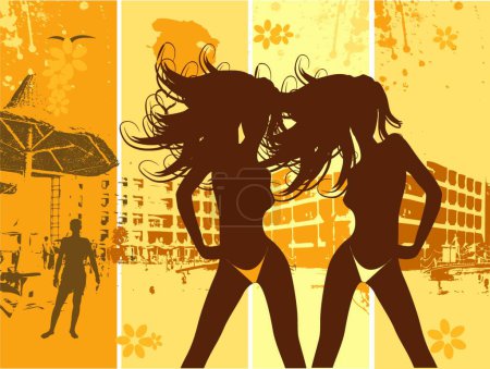 Téléchargez les illustrations : Vacances d'été, belles filles sur la plage, illustration vectorielle graphique - en licence libre de droit