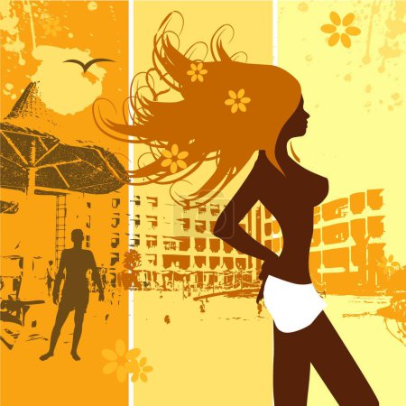 Illustration for Summer holiday, beautiful woman on the beach, graphic vector illustration - Royalty Free Image