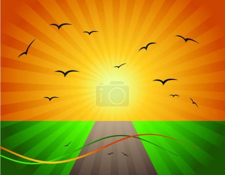 Illustration for Spring, road on green field, graphic vector illustration - Royalty Free Image