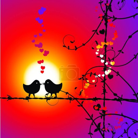 Téléchargez les illustrations : Amour, oiseaux s'embrassant sur la branche - en licence libre de droit
