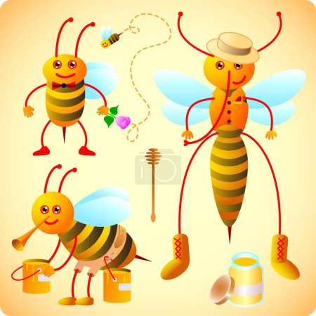 Téléchargez les illustrations : Trois abeilles heureuses illustration vectorielle moderne - en licence libre de droit