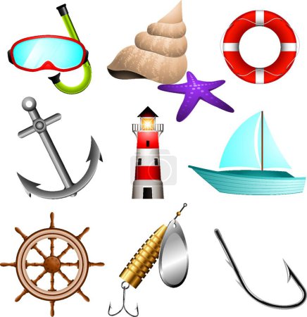 Ilustración de Iconos del mar, ilustración vectorial colorido - Imagen libre de derechos