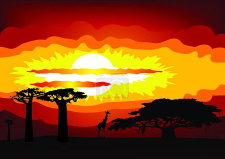 Téléchargez les illustrations : Afrique coucher de soleil, illustration vectorielle - en licence libre de droit