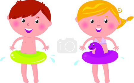 Téléchargez les illustrations : Enfants nageurs - isolés sur blanc - en licence libre de droit