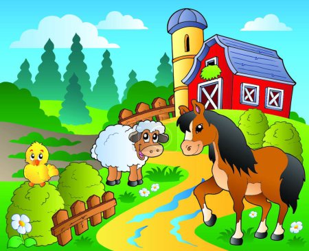 Illustration for Country scene with red barn - Royalty Free Image