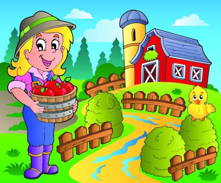 Téléchargez les illustrations : Scène de campagne avec grange rouge et garçon - en licence libre de droit