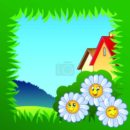 Téléchargez les illustrations : Cadre en herbe avec des fleurs - en licence libre de droit