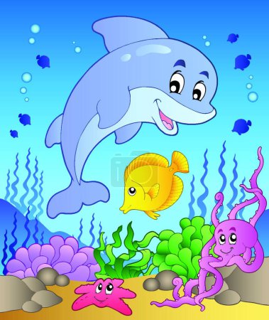 Téléchargez les illustrations : Joyeux dauphin au fond de la mer - en licence libre de droit