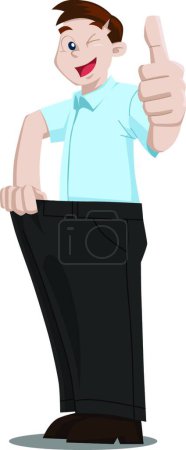 Illustration for Illustration of the man wearing oversizes pants showing his thumb up, weight-loss concept - Royalty Free Image
